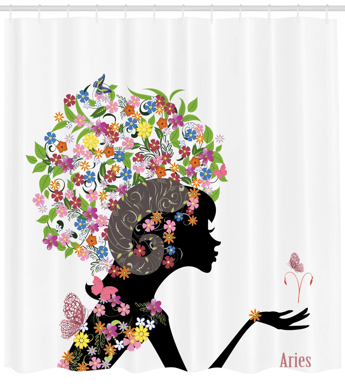 Ambesonne Zodiac Aries Shower Curtain, Fashion Girl Aries Woman With Horns Floral Dress Lively Blossoms Butterflies, Cloth Fabri